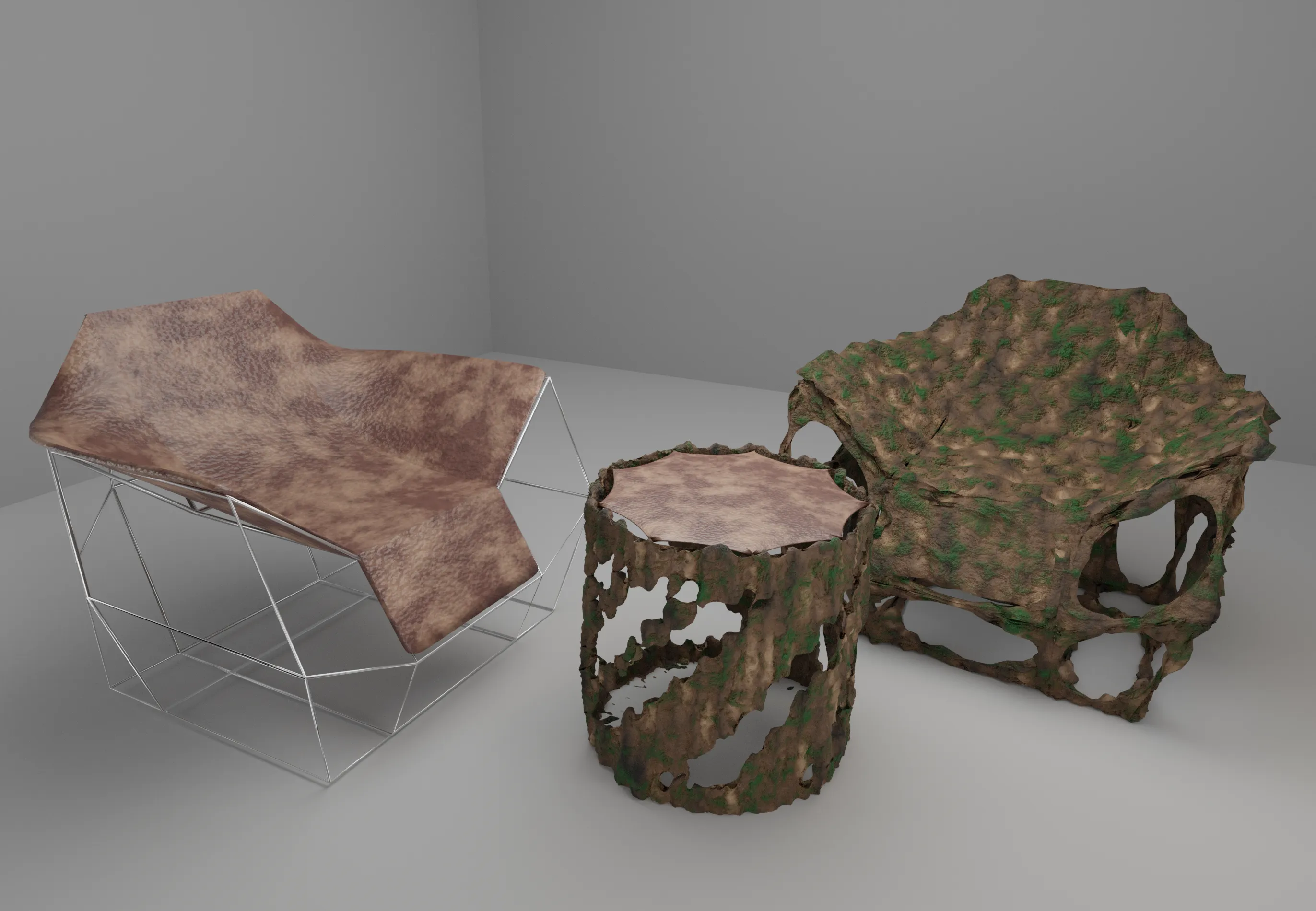 Des chaises faites de métal, de cuir et de textures d'écorce d'arbr