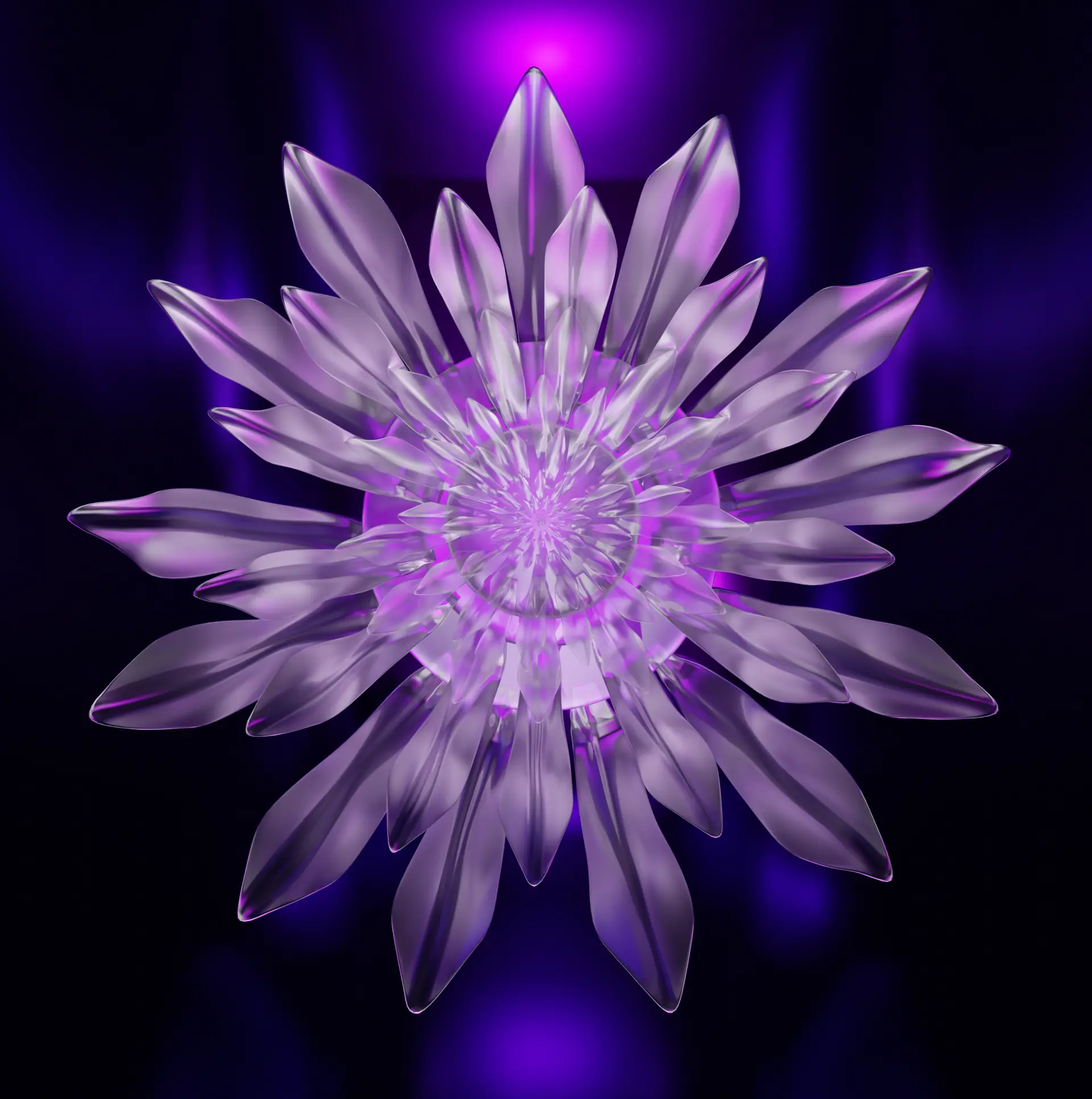 Une fleure en verre avec des reflets violets